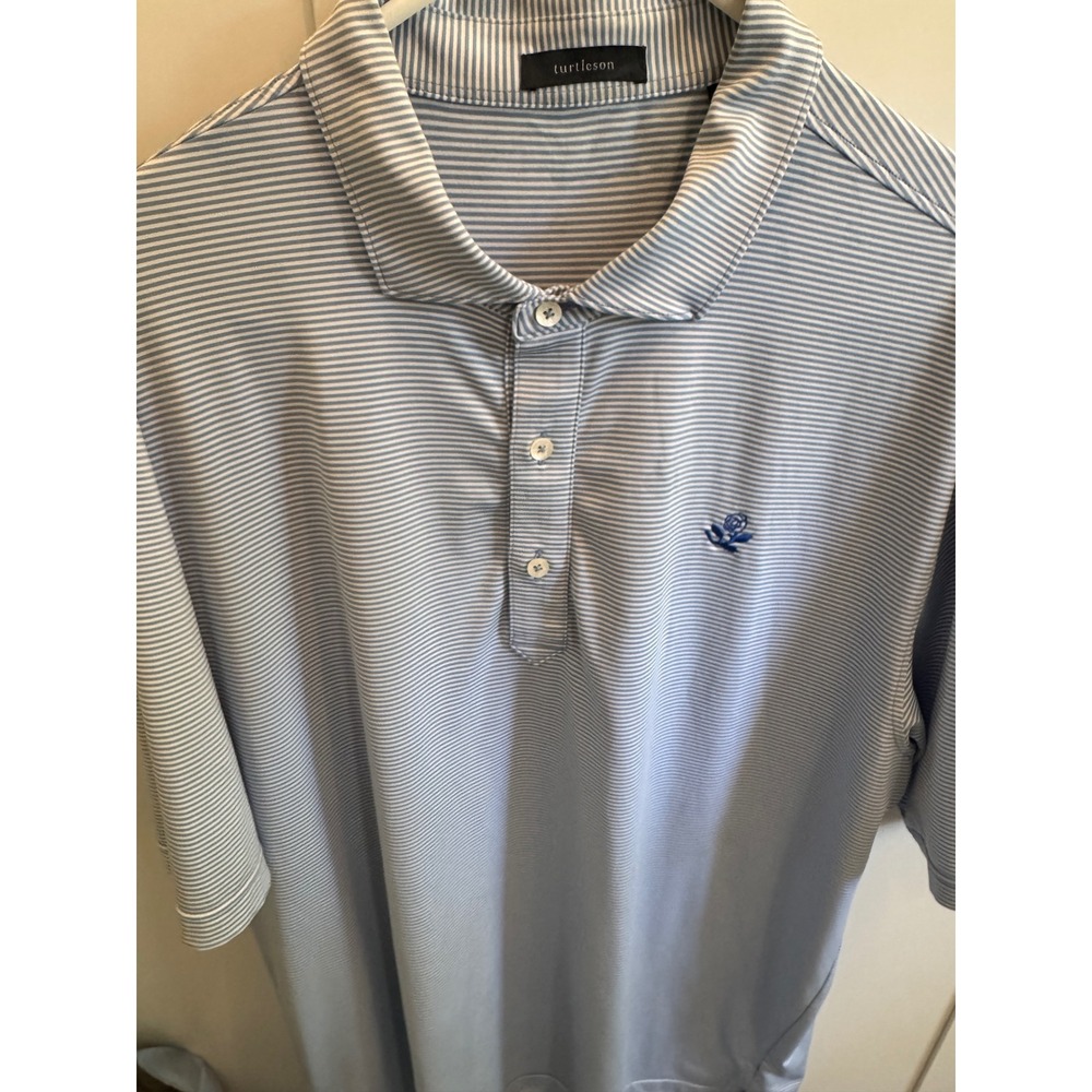 Turtleson Mens Performance Polo Shirt Light Blue White Striped Rose Logo Large